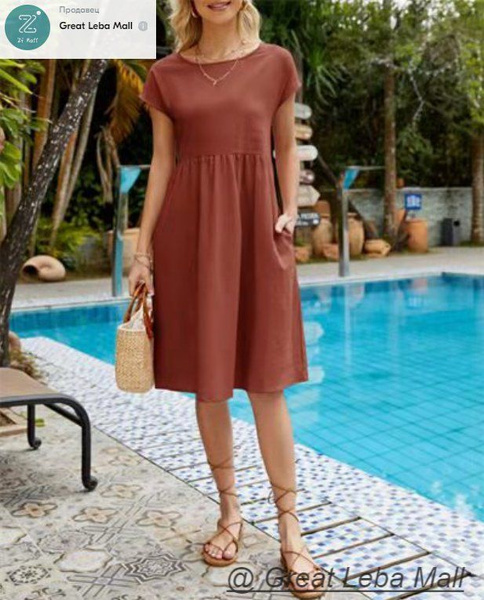 Платье с юбкой А-силуэта с круглым вырезом из хлопка и льна, Женский ...