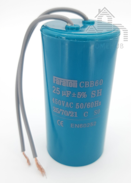 Пусковой конденсатор 25uF(мкф), 450V, CBB-60, 40x80, гибкие выводы ...