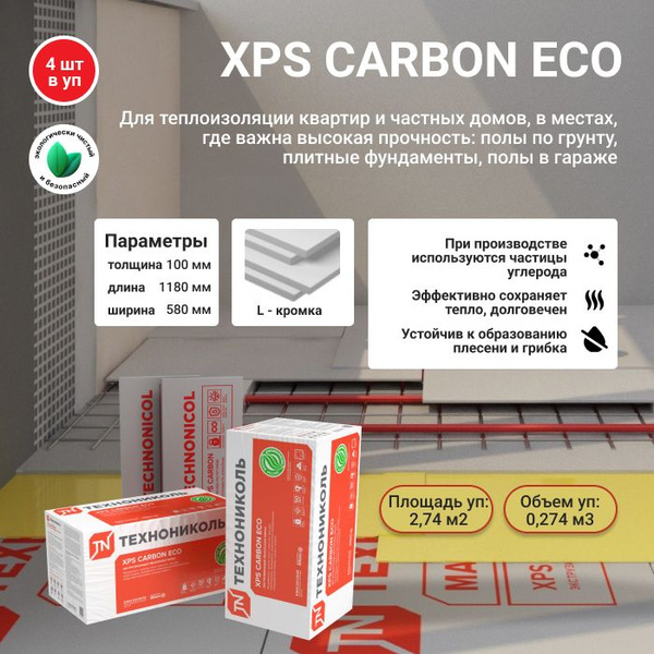 Характеристики Утеплитель XPS CARBON ECO 100 мм (4 плиты/2,74м2/ 1 уп ...