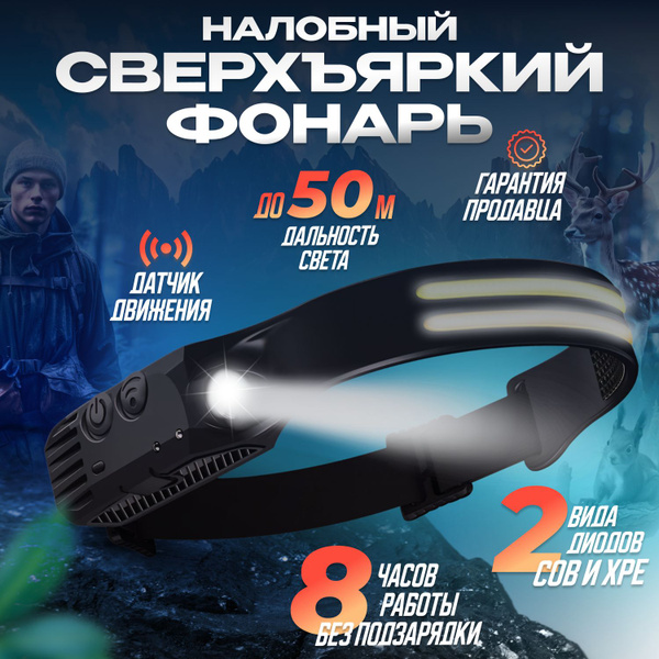 Налобный фонарь аккумуляторный мощный профессиональный светодиодный , 8 ...