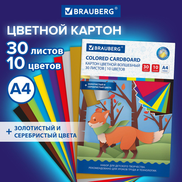 Цветной картон для школы набор А4 матовый, 30 листов 10 цветов в папке ...
