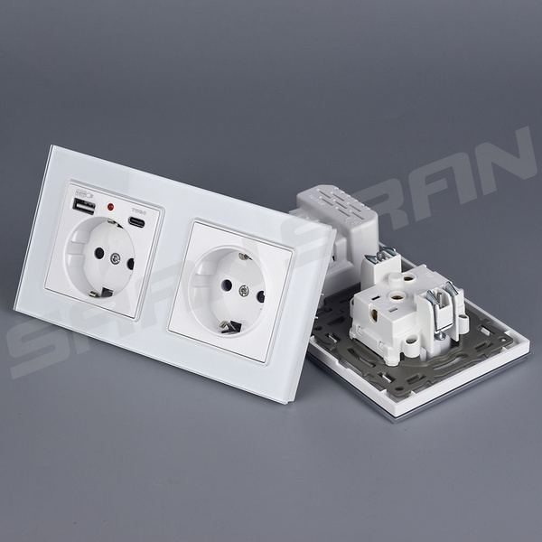 Двойные розетки с заземлением и разъемом usb (Type A + Type C) панель ...