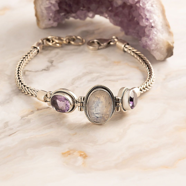 Браслет из серебра с лунным камнем, аметистом - купить с доставкой по ...