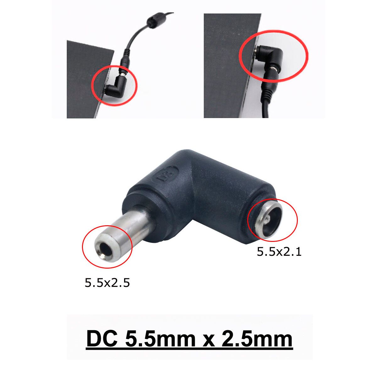 Адаптер переходник питания / гнездо 8-битный коленчатый DC 5.5 x 2.1 (F) - штекер DC 5.5 x 2.5 (M) угловой 90 градусов, черный