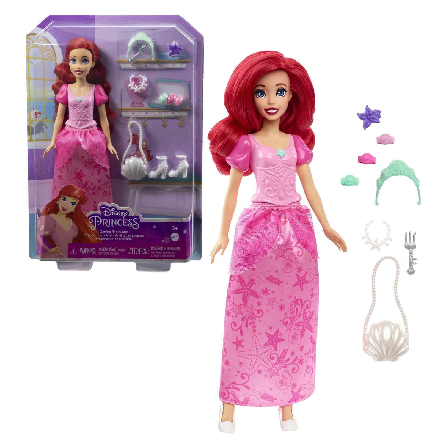 Игровой набор Mattel - Кукла Mattel - Принцесса Ариэль, с 9 аксессуарами, возраст 3+, HLX34