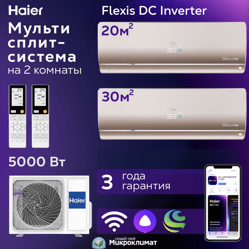 Мультисплит-системаHaierFlexisSuperMatchна2комнаты20м2+30м2/AS25S2SF2FA-G+AS35S2SF2FA-G/2U50S2SM1FA