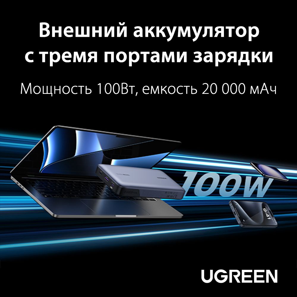 ВнешнийаккумуляторUGREENPB720(25188)PD100WPowerBank20000mAh.Цвет:серый