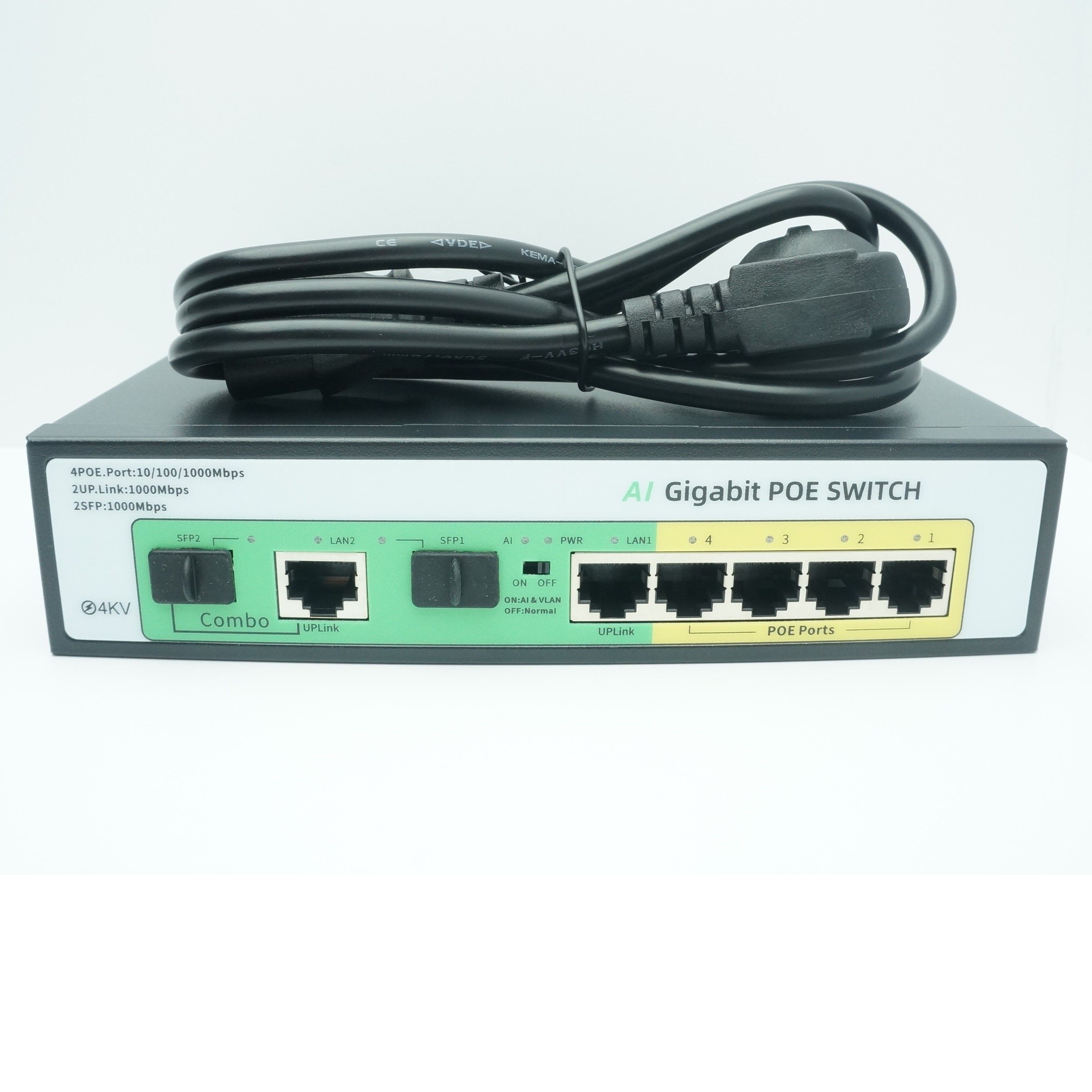 POE Коммутатор HY-GPOE404 Полностью Гигабитный все порты (802.3af/at) 4+2+2SFP switch ПоЕ Свитч 52V 65W