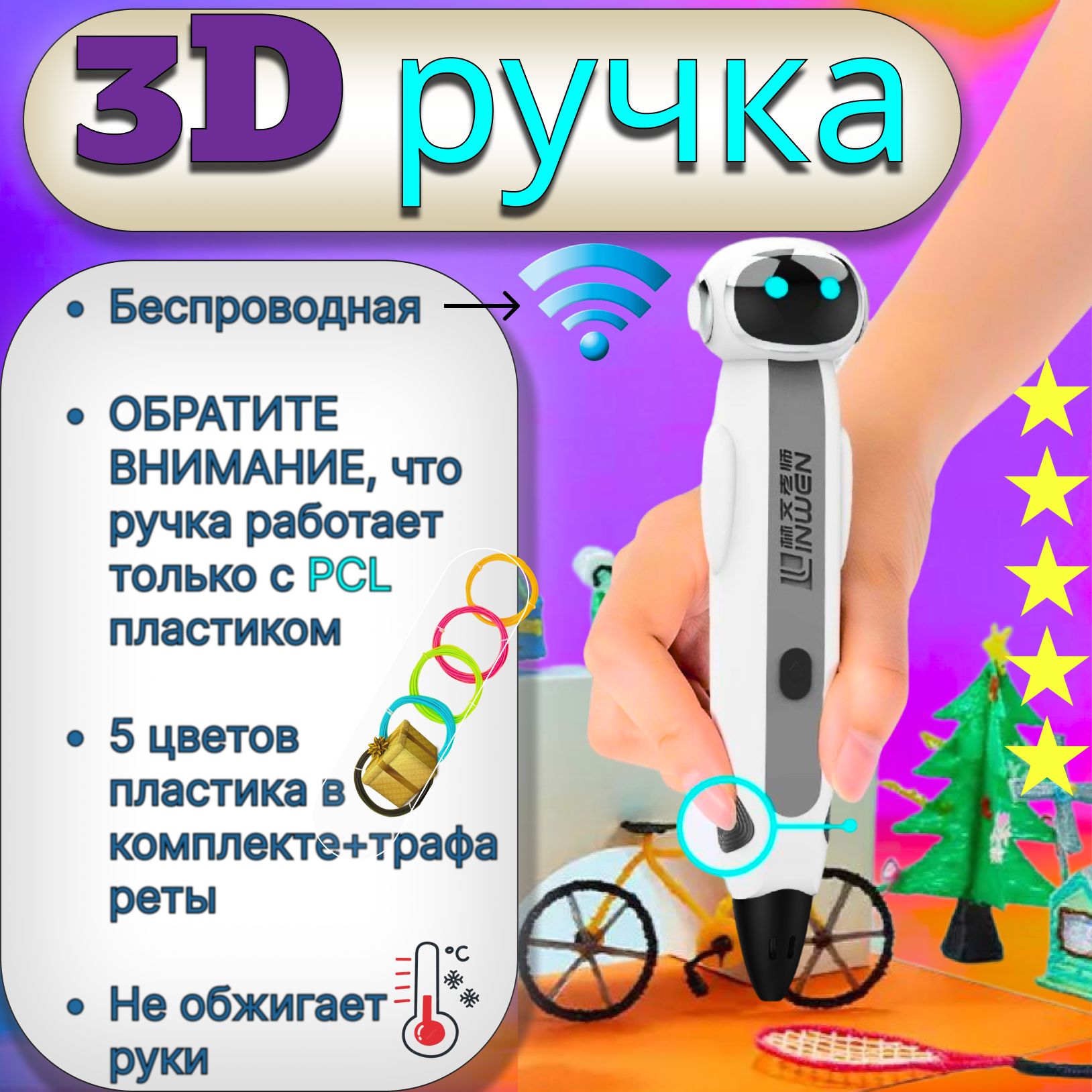 3дручканаборскомплектомдополнительногопластикаитрафаретами,5цветов,3dручкабеспроводная