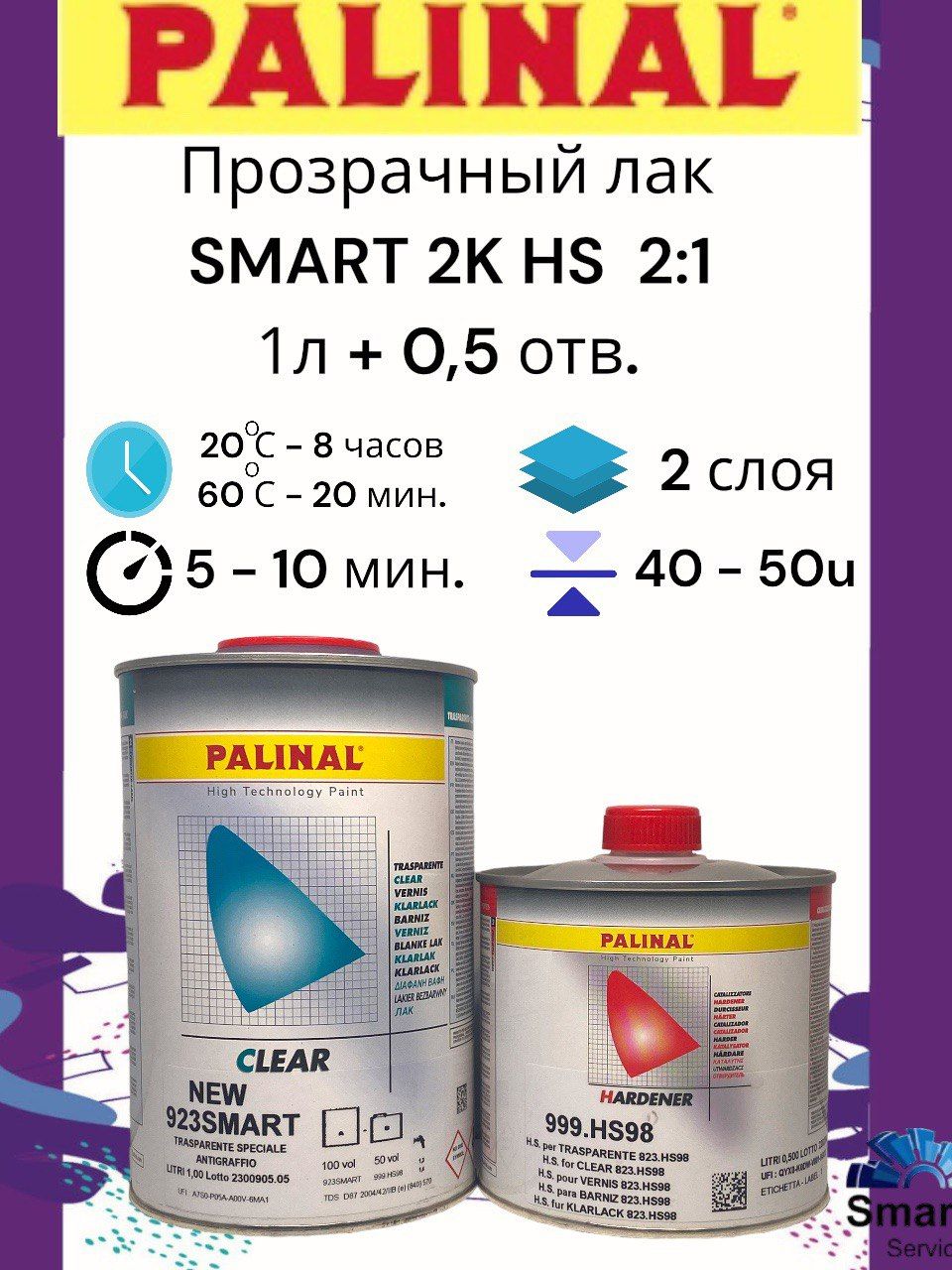 Прозрачный лак "SMART" 1 л. 2К HS + Отвердитель HS (Стандартный) 0,5 л.