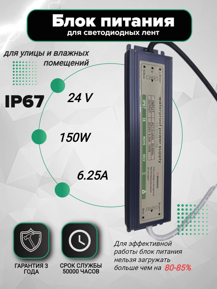 VeroMaksБлокпитаниядлясветодиоднойленты,24В,150Вт,IP67