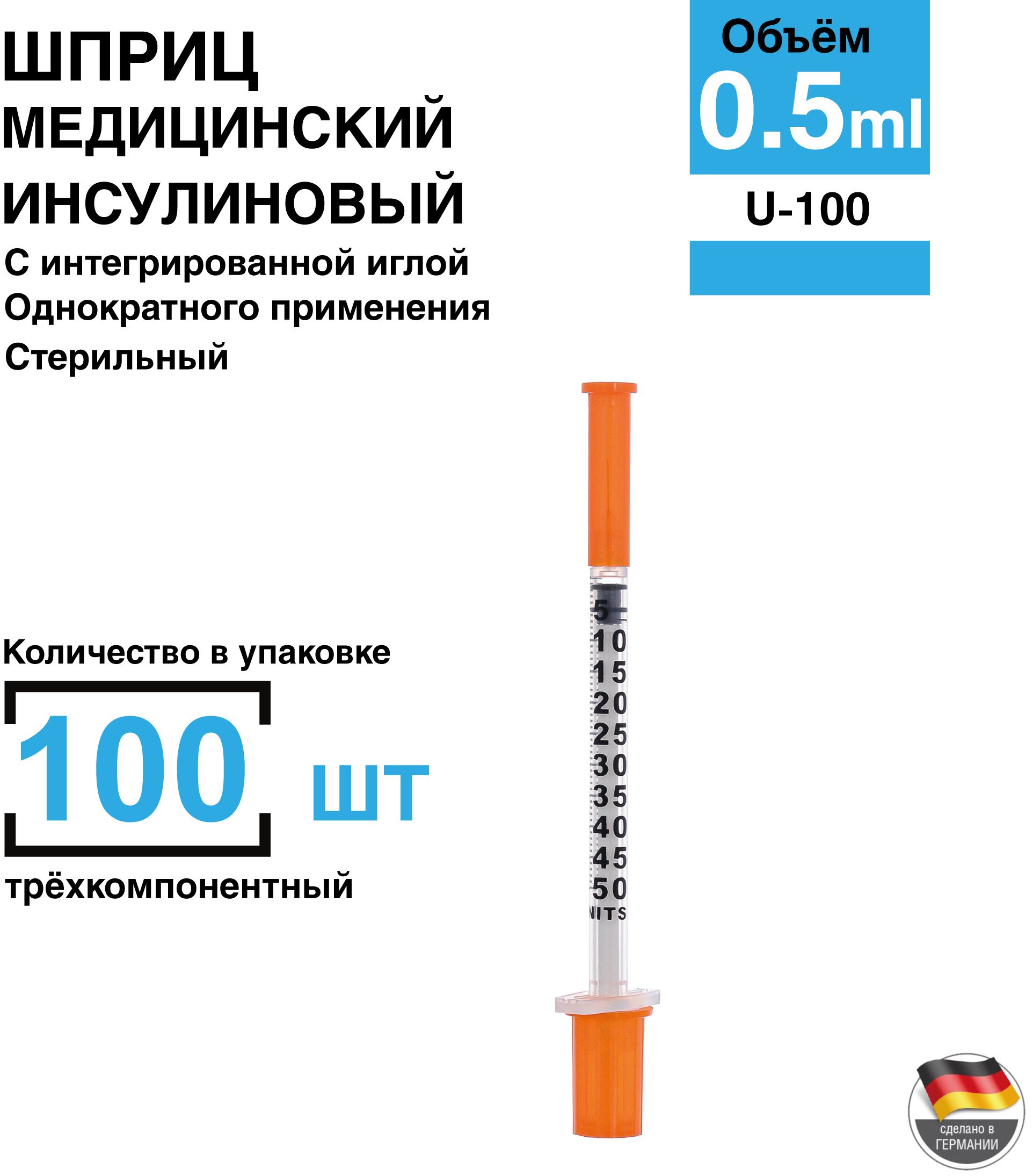 Шприц 0,5 мл. 100 шт/уп. Инсулиновый, с интегрированной иглой 30G 0,30 х 8 мм. Германия