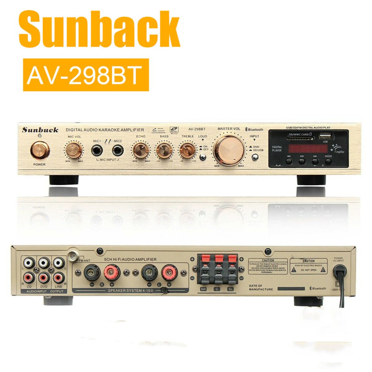 Sunbuck298BTСтереоусилительBluetoothмощностью2000ВтСдистанционнымуправлением/FM/USB/SD/2микрофоннымивходами,золотой