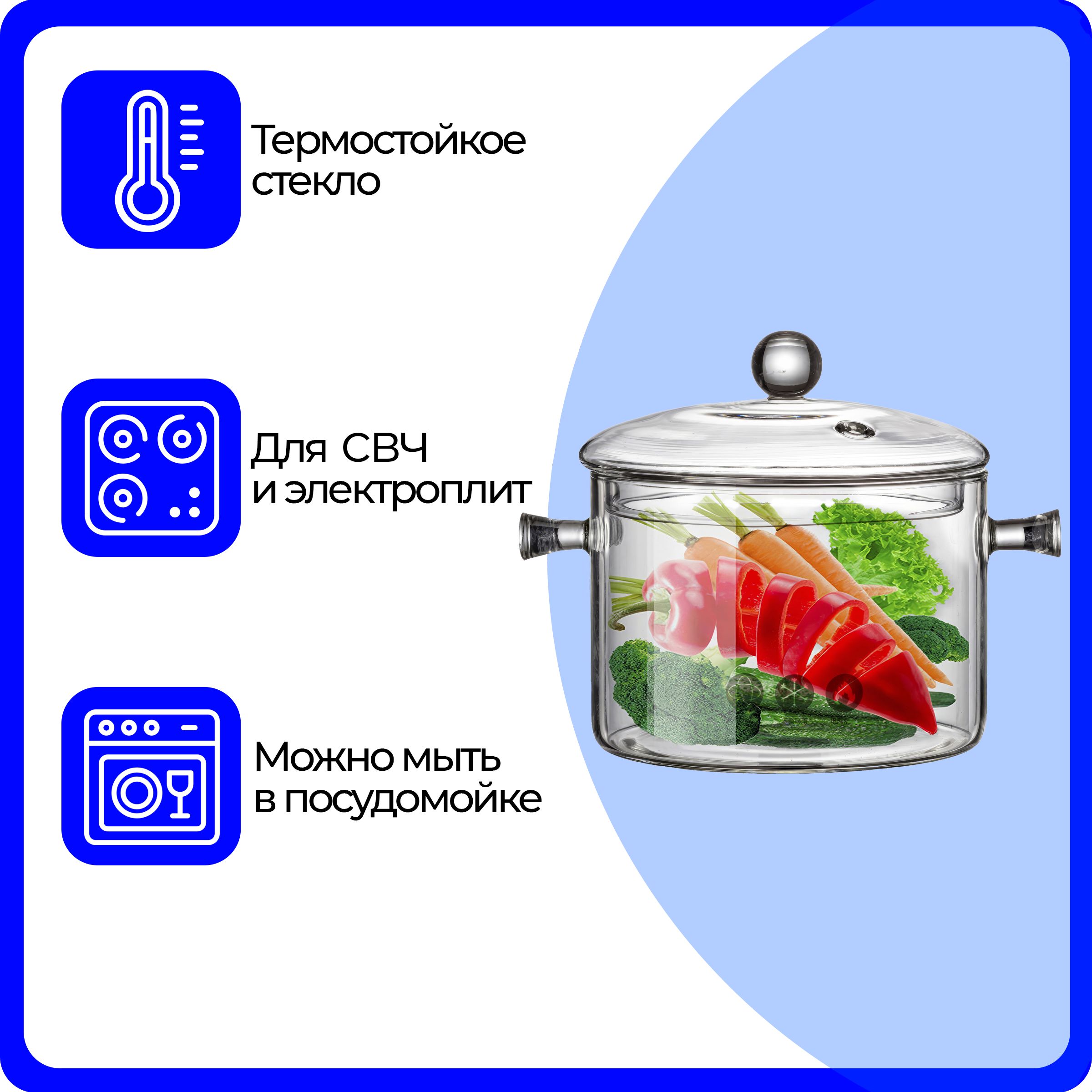 Кастрюля стеклянная термостойкая 2000 мл, термокастрюля с крышкой, прозрачная