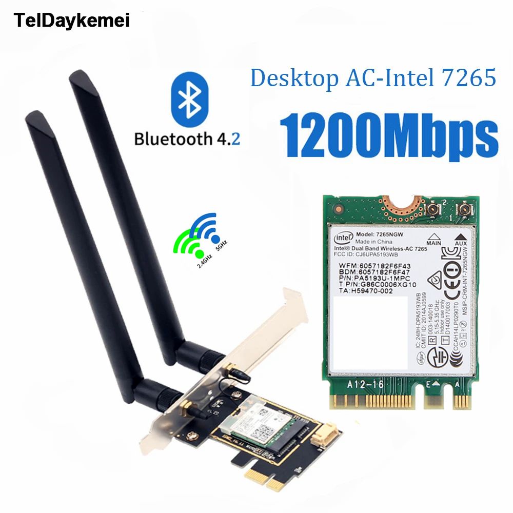 WiFi адаптер Intel AC7265 1200 Мбит/с Bluetooth 4.2 PCIE Сетевой адаптер 2.4G/5G для ПК Беспроводная локальная сеть 6 ДБ антенна