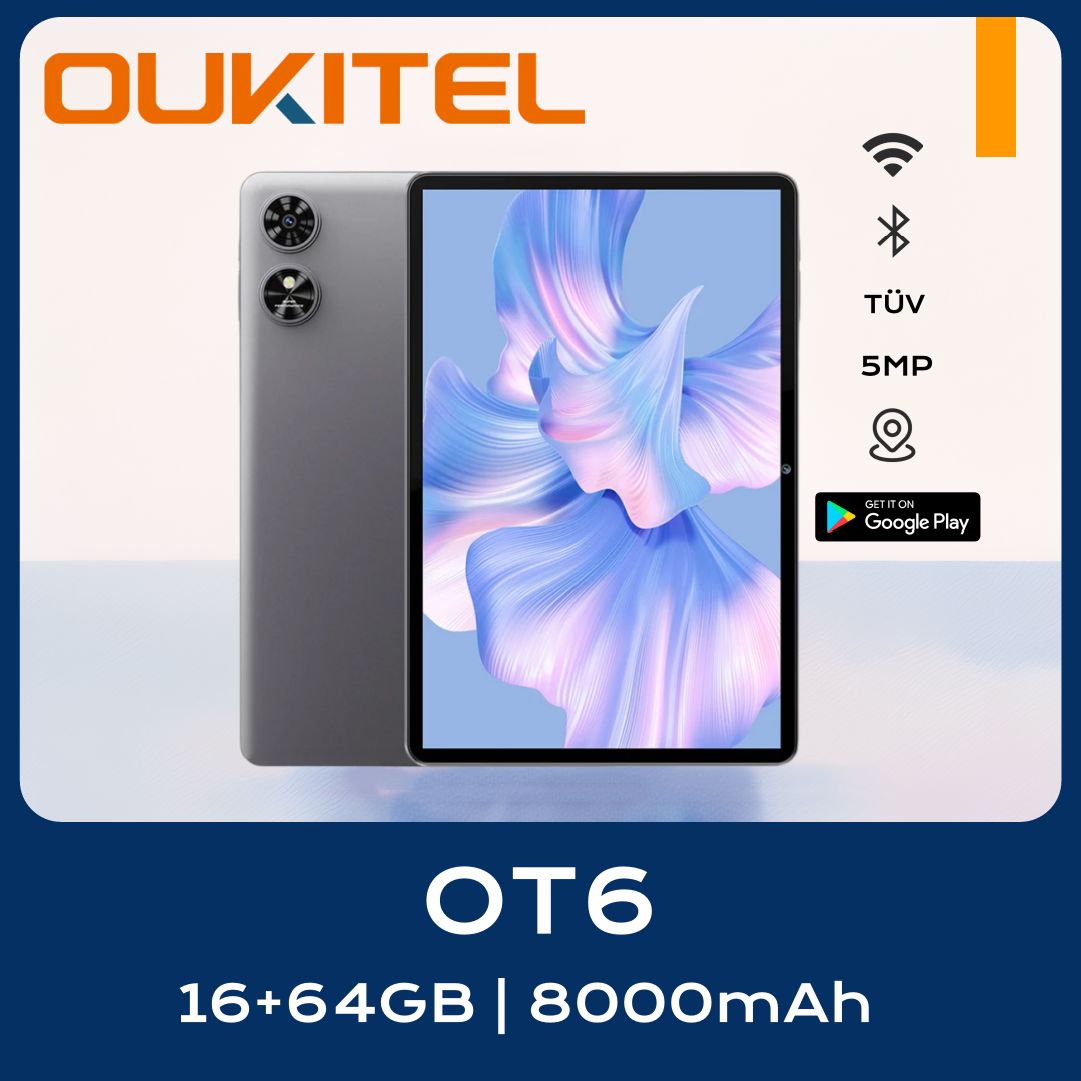 OukitelПланшетOT6МироваяверсияподдерживаетрусскоязычныесистемыGlobal,ПоддержкаGooglePlay,10"16ГБ/64ГБ,серыйметаллик