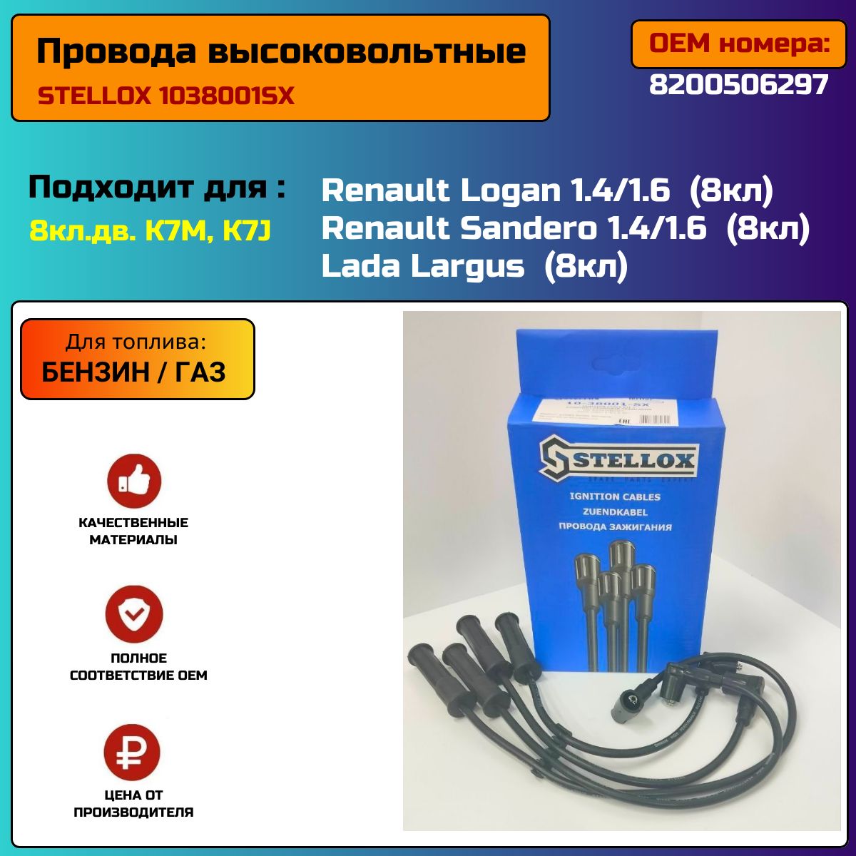 Провода высоковольтные для Renault Logan, Sandero, Clio 2, Megane, Lada Largus (1.4/1.6 8кл)