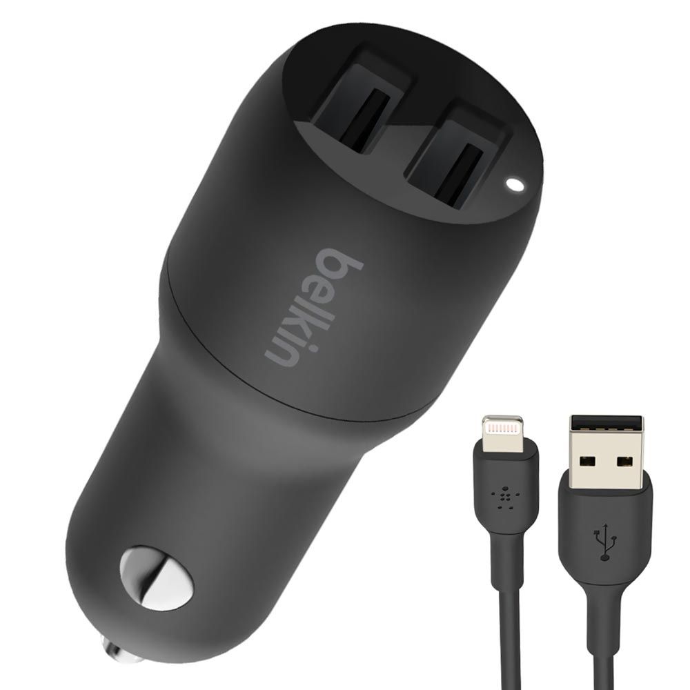 Автомобильное зарядное устройство Belkin 2 x USB-A, 12Вт x 2, кабель  Lightning 1М, черный (CCD001bt1 Lightning, USB - купить по доступным ценам  в интернет-магазине OZON (852246646)