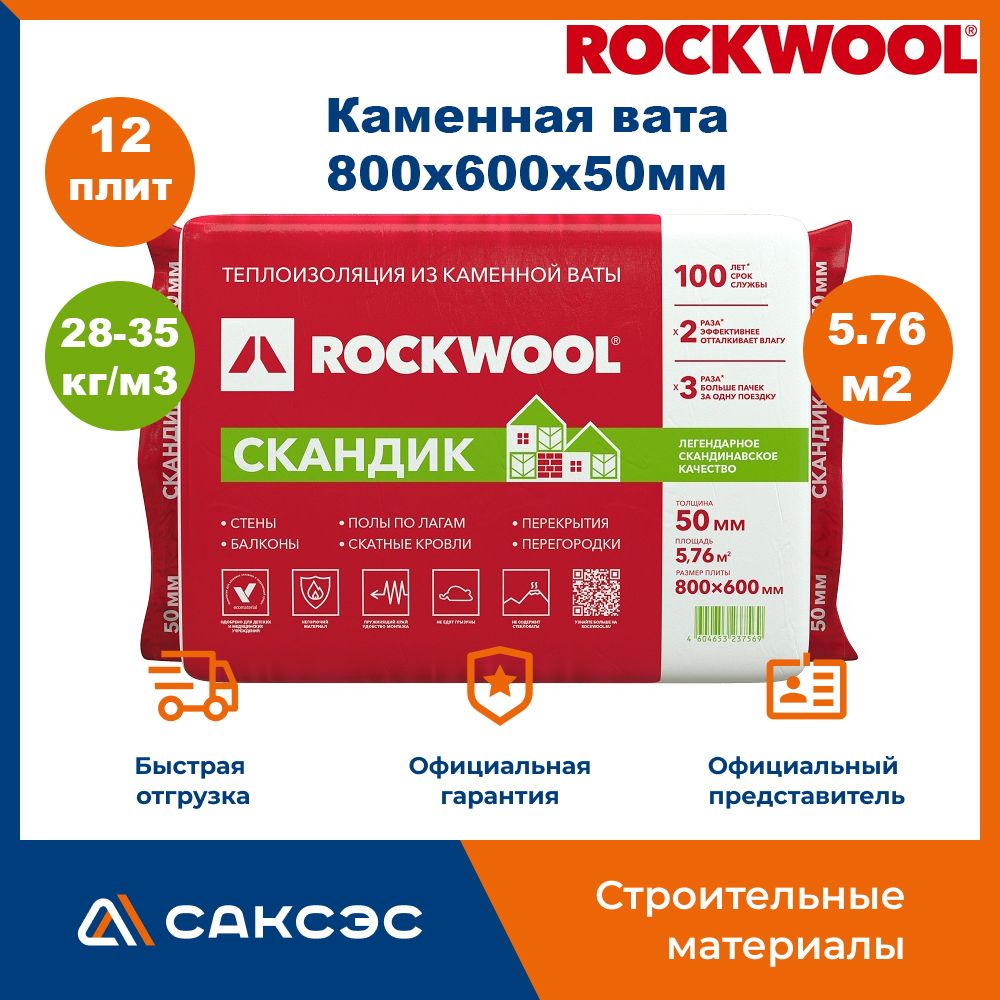 Каменная вата утеплитель Роквул Лайт Баттс Скандик 800х600х50мм, 12 плит, 5,76м2 / Утеплитель Rockwool