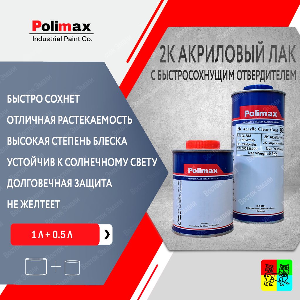 Лак акриловый 2К Polimax Professional Acrylic Clear Coat Fast 1 л (c быстросохнущим отвердителем 0.5 л)