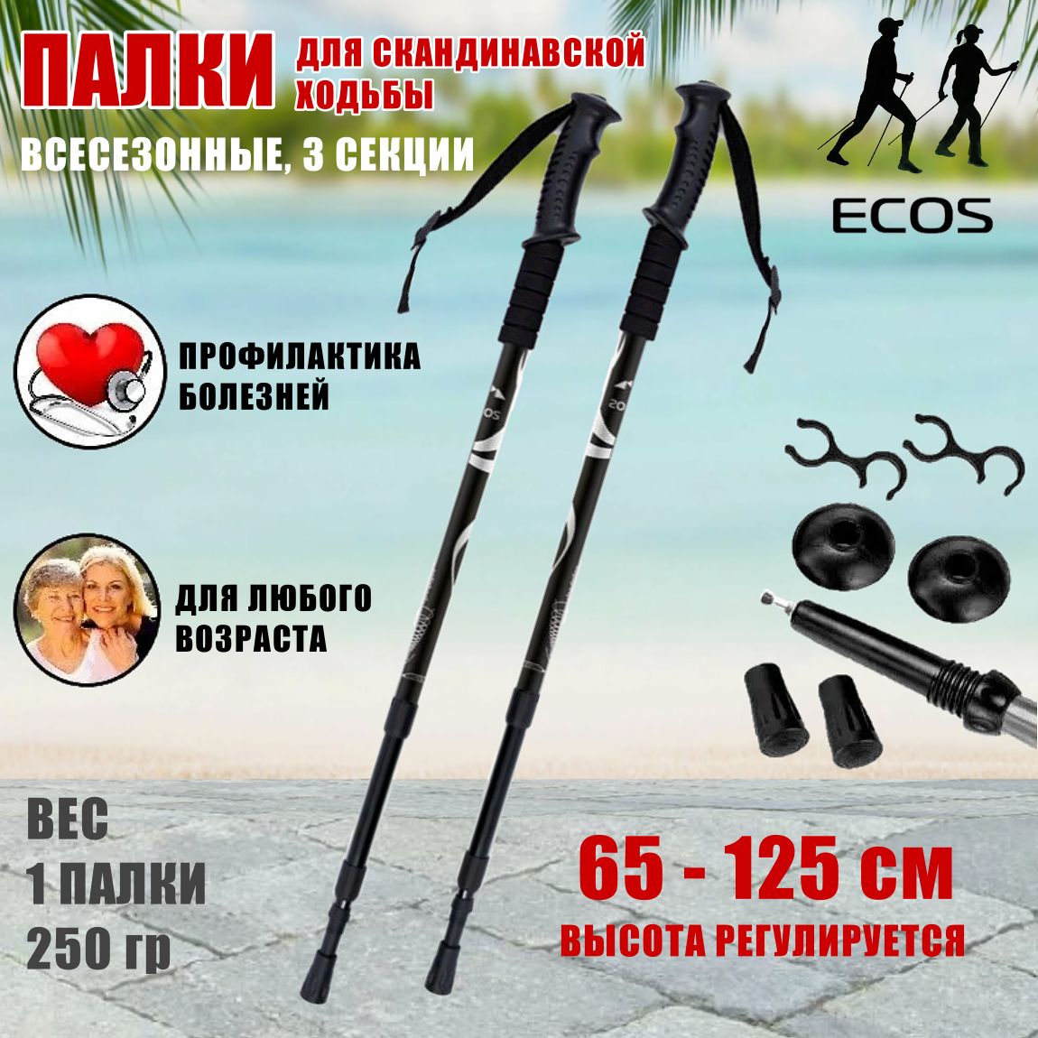 Палки для скандинавской ходьбы всесезонные ECOS Nordic Walking sticks алюминиевые, телескопические с ремешком, 3 секции, черные