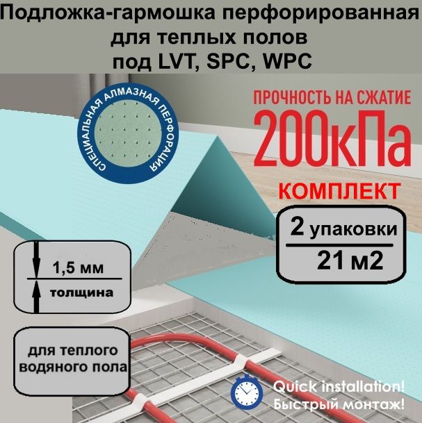 Solid Подложка-гармошка перфорированная для теплых полов 1,5 мм под SPC, WPC, LVT - 2 уп