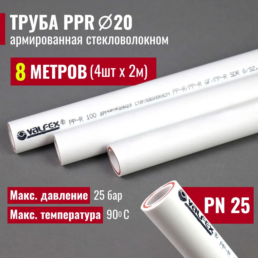 Трубаполипропиленовая8метров20х3,4(PN25)армированнаястекловолокном/комплект4штпо2м/VALFEX