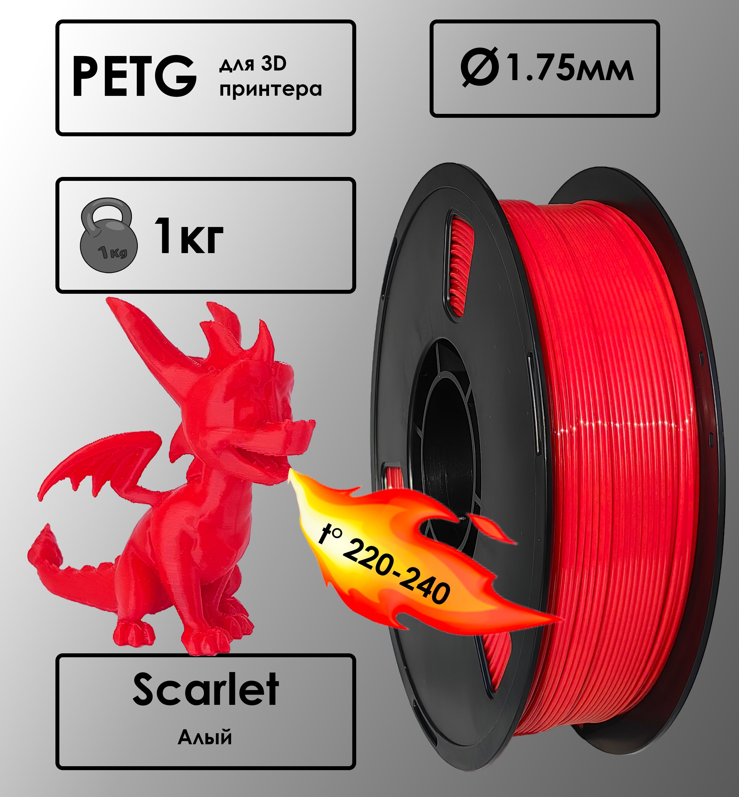 Пластик для 3D-принтера PETG Fluo Red Цвет Флуоресцентно-красный 1 кг, 1,75 мм