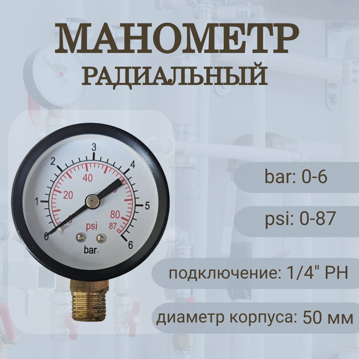 Манометр радиальный 50 мм, 0-6 бар, резьба 1/4"