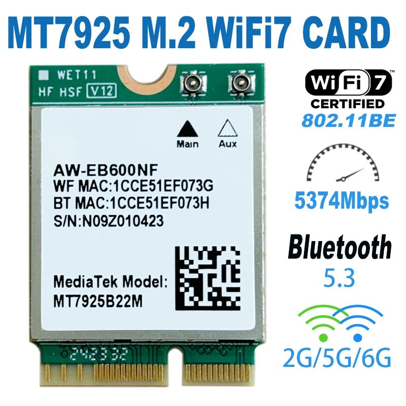 MT7925WiFi7сетеваякартаBluetooth5,3M.2NGFFбеспроводнойадаптер5400Мбит/стридиапазона2,4G5G6ГГцWifi7LanКартадляWindows11