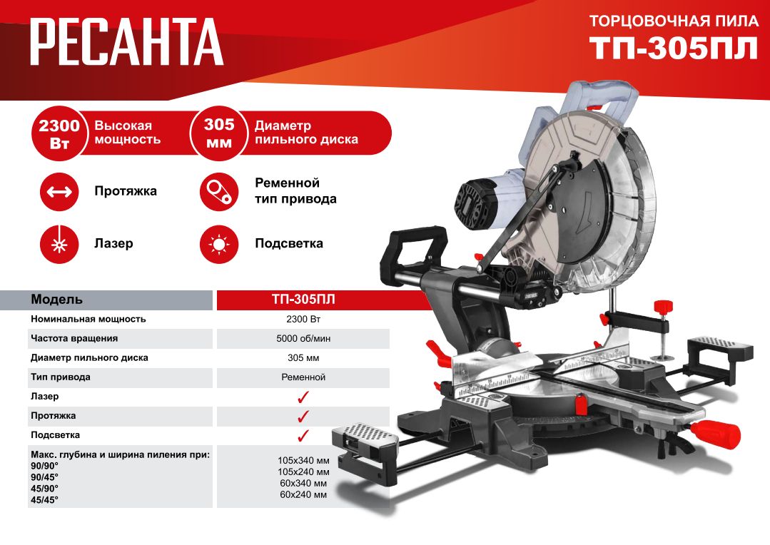 Торцовочная пила ТП-305ПЛ Ресанта