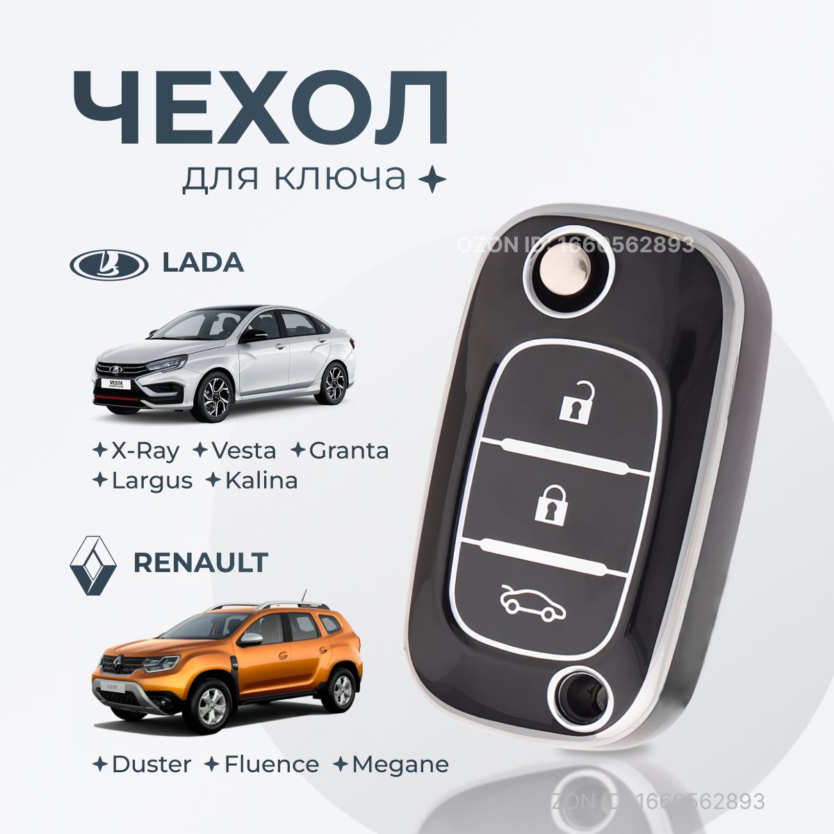 Чехол на выкидной ключ LADA: VESTA, XRAY, GRANTA, KALINA, LARGUS / RENAULT: FLUENCE, MEGANE. (Черный)