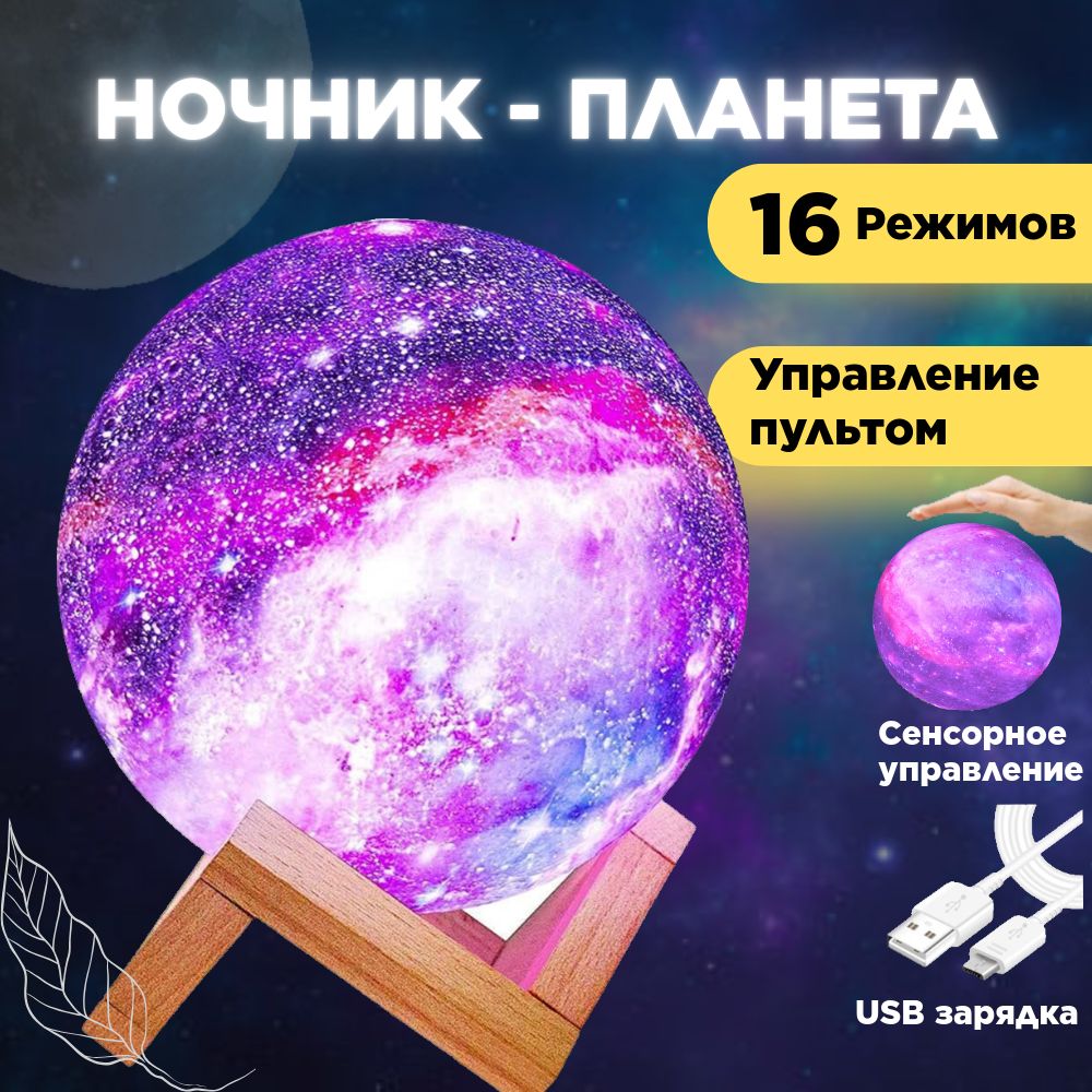 Светильник-ночник детский для сна беспроводной 3D шар планета Moon Lamp светодиодный беспроводной, лампа настольная с пультом, 15 см