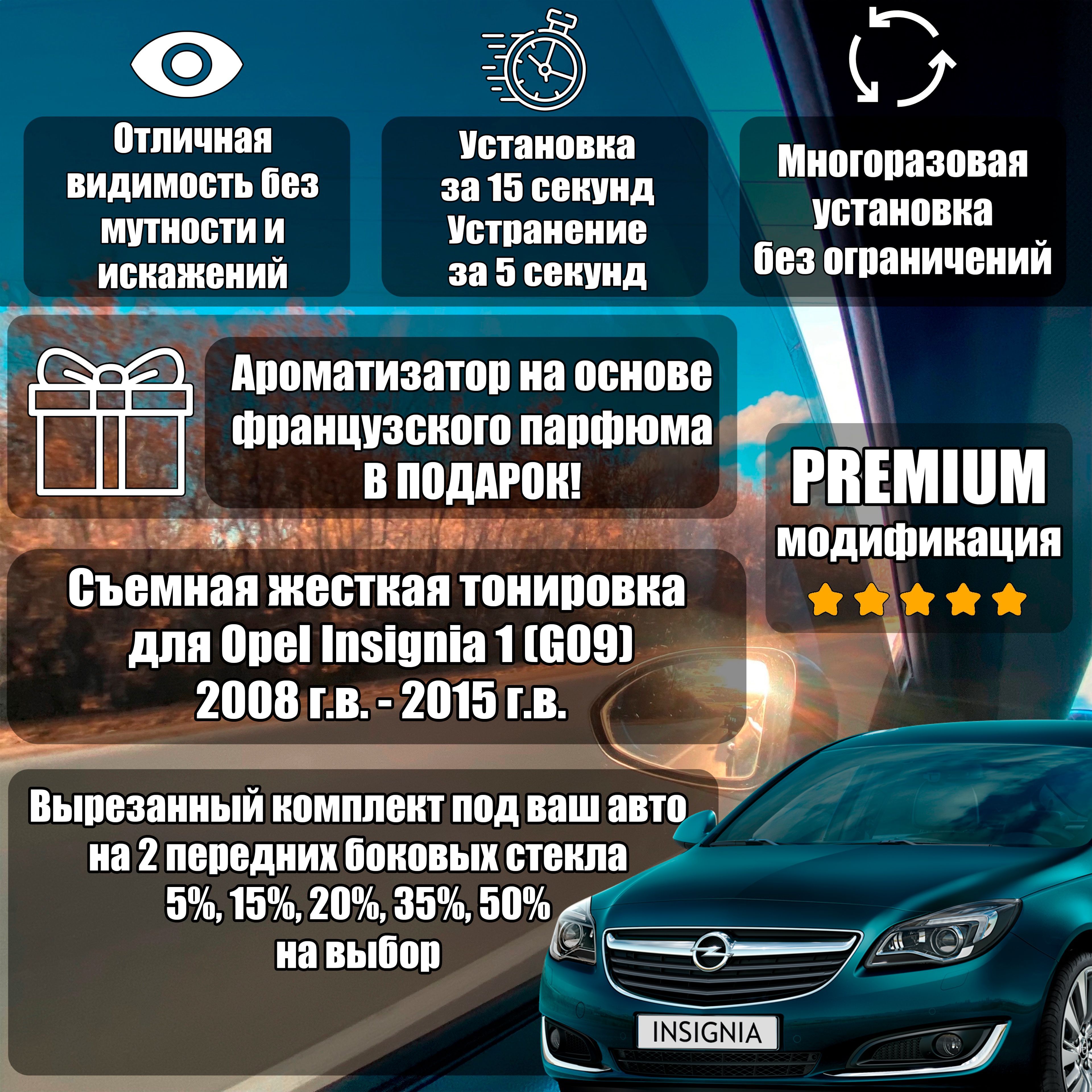 PREMIUM / Жесткая тонировка для Opel Insignia 1 (2008-2017) (A) 15%/ ПРЕМИУМ Съемная тонировка Опель Инсигния 1/Opel Insignia (A) 15%