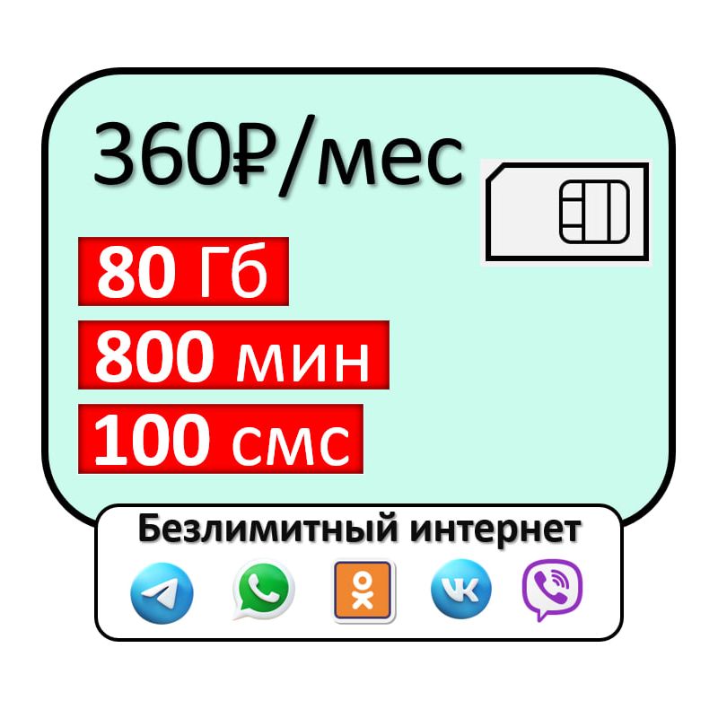 SIM-карта Сим карта 800 минут 80 Гб БЕЗЛИМИТНЫЙ ИНТЕРНЕТ (Вся Россия)