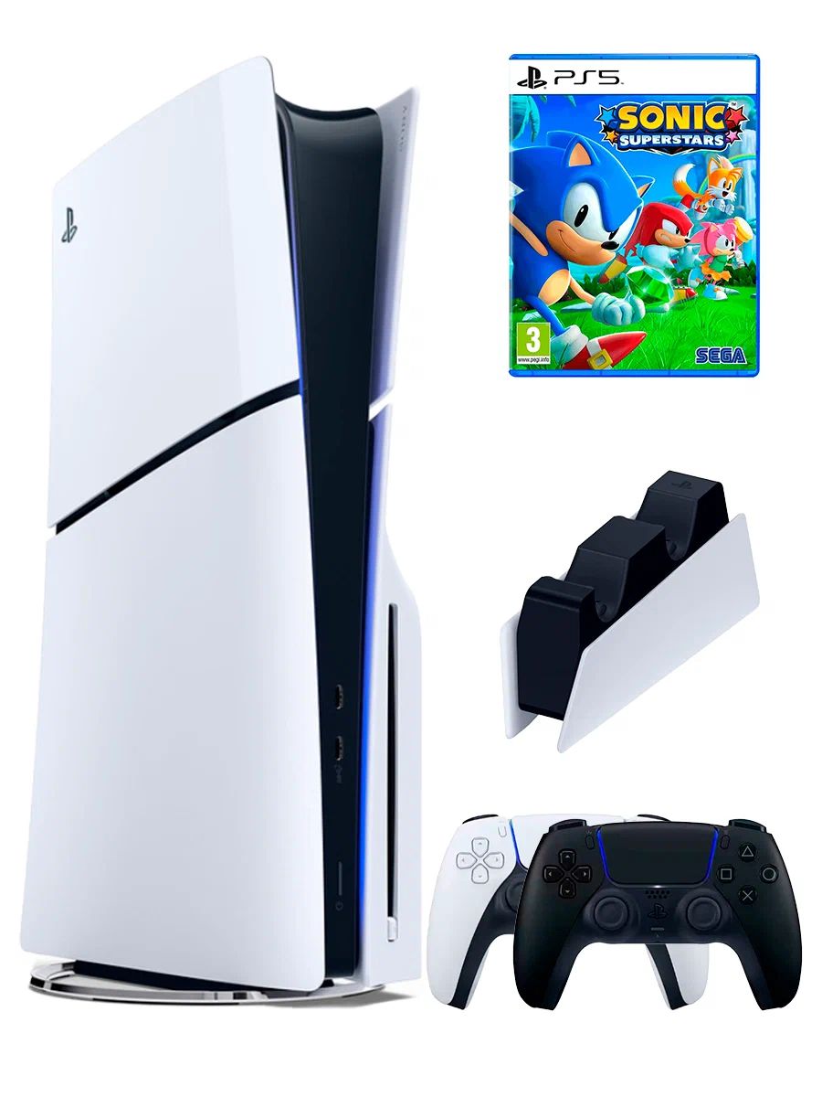 PS5 (ПС5) Игровая приставка Sony PlayStation 5 Slim +2-й геймпад(черный)+зарядное+игра Sonic, 1000ГБ