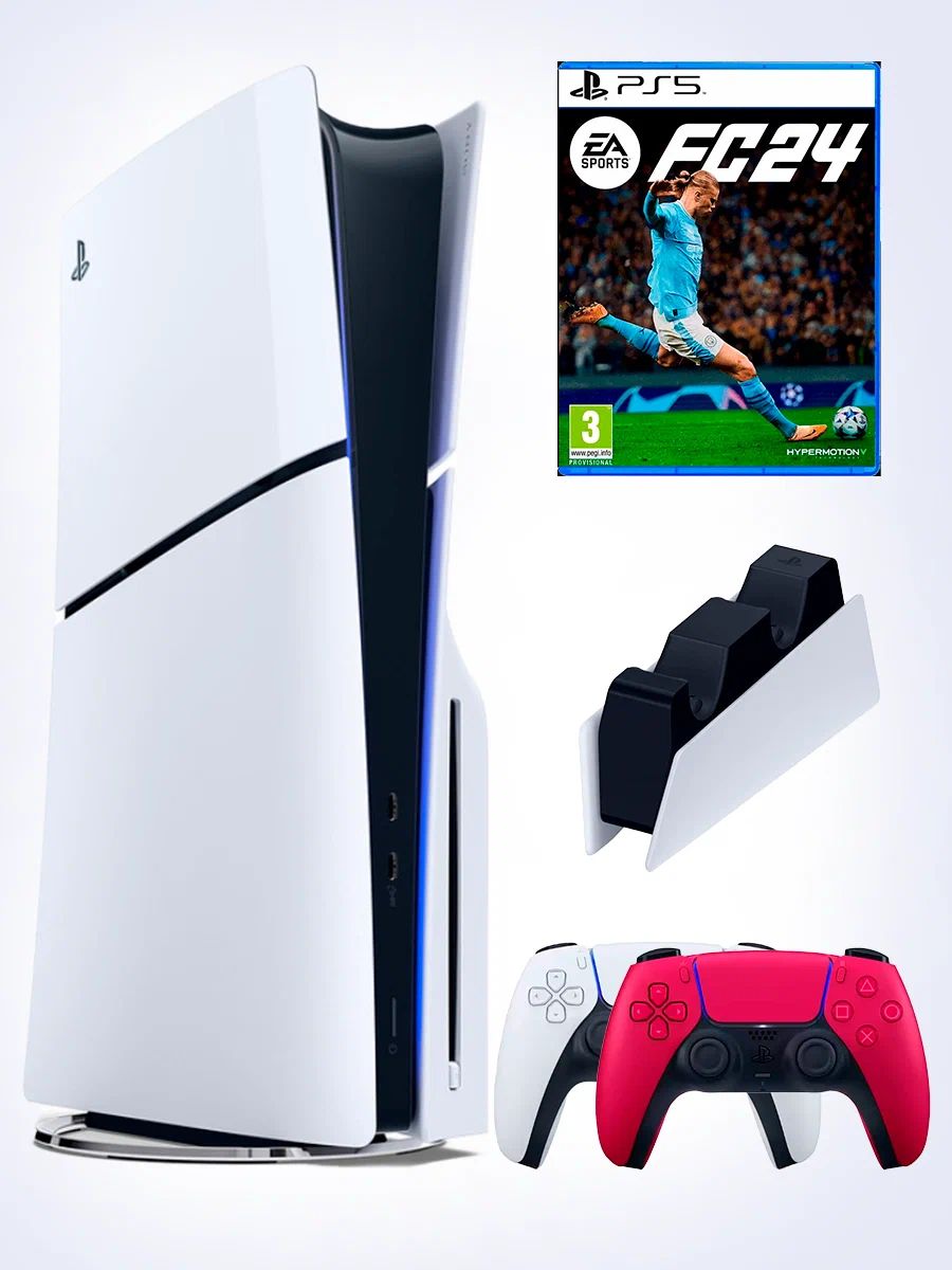 PS5 (ПС5) Игровая приставка Sony PlayStation 5 Slim +2-й геймпад(красный)+зарядное+игра FIFA24, 1000ГБ