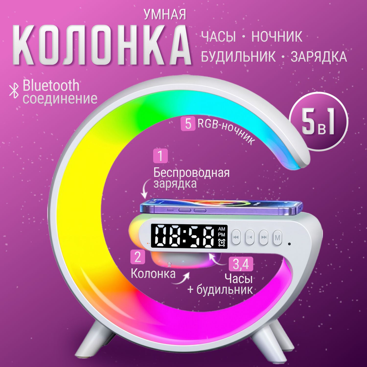 Умная Bluetooth-колонка светильник RGB часы ночник с беспроводной зарядкой