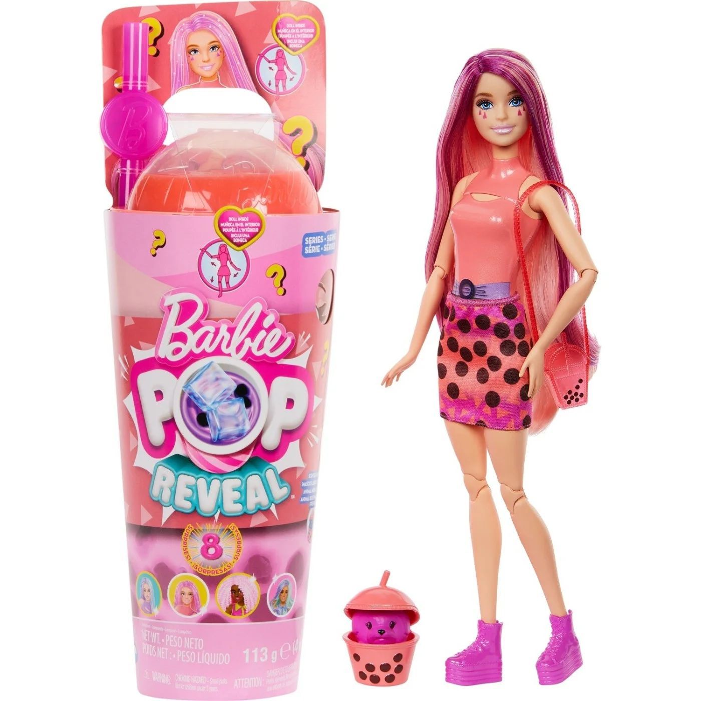 Кукла Barbie Pop Reveal Bubble Tea Series "Барби Модница и Набор Аксессуаров с 8 Сюрпризами", красная, HTJ22