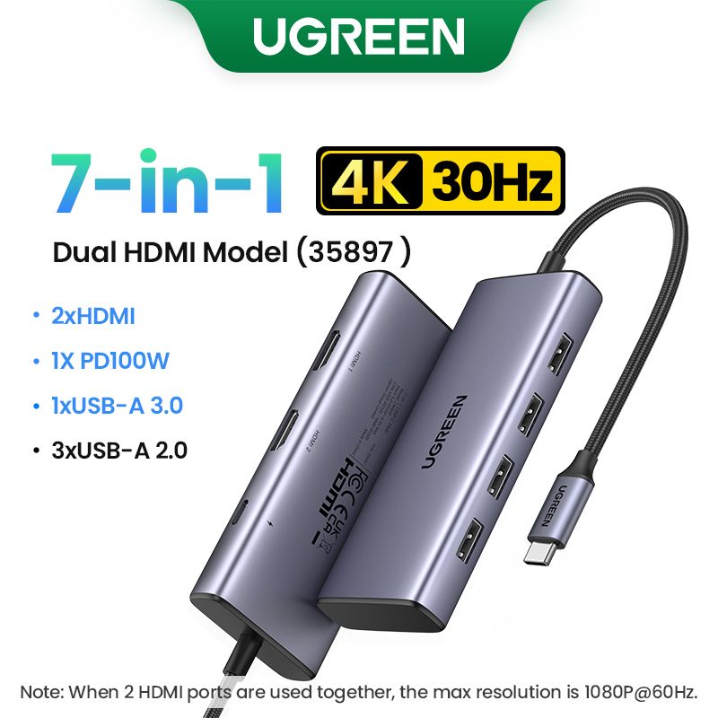 Хаб UGREEN CM498 (35897) 7-in-1 USB-C Hub. Цвет: серый