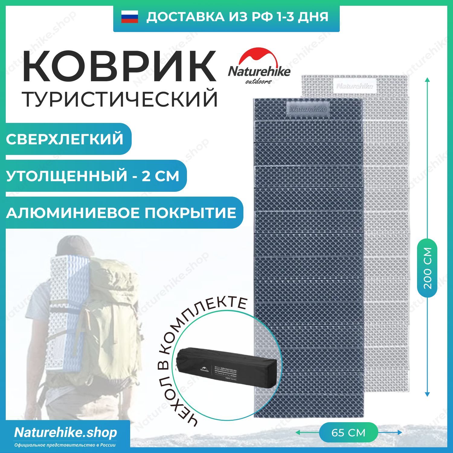 Туристический коврик каремат Naturehike / 200 х 65 см, R 2.2 / серо-синий, 2.2 egg nest folding moisture-proof pad, CNK2300DZ017, складной коврик