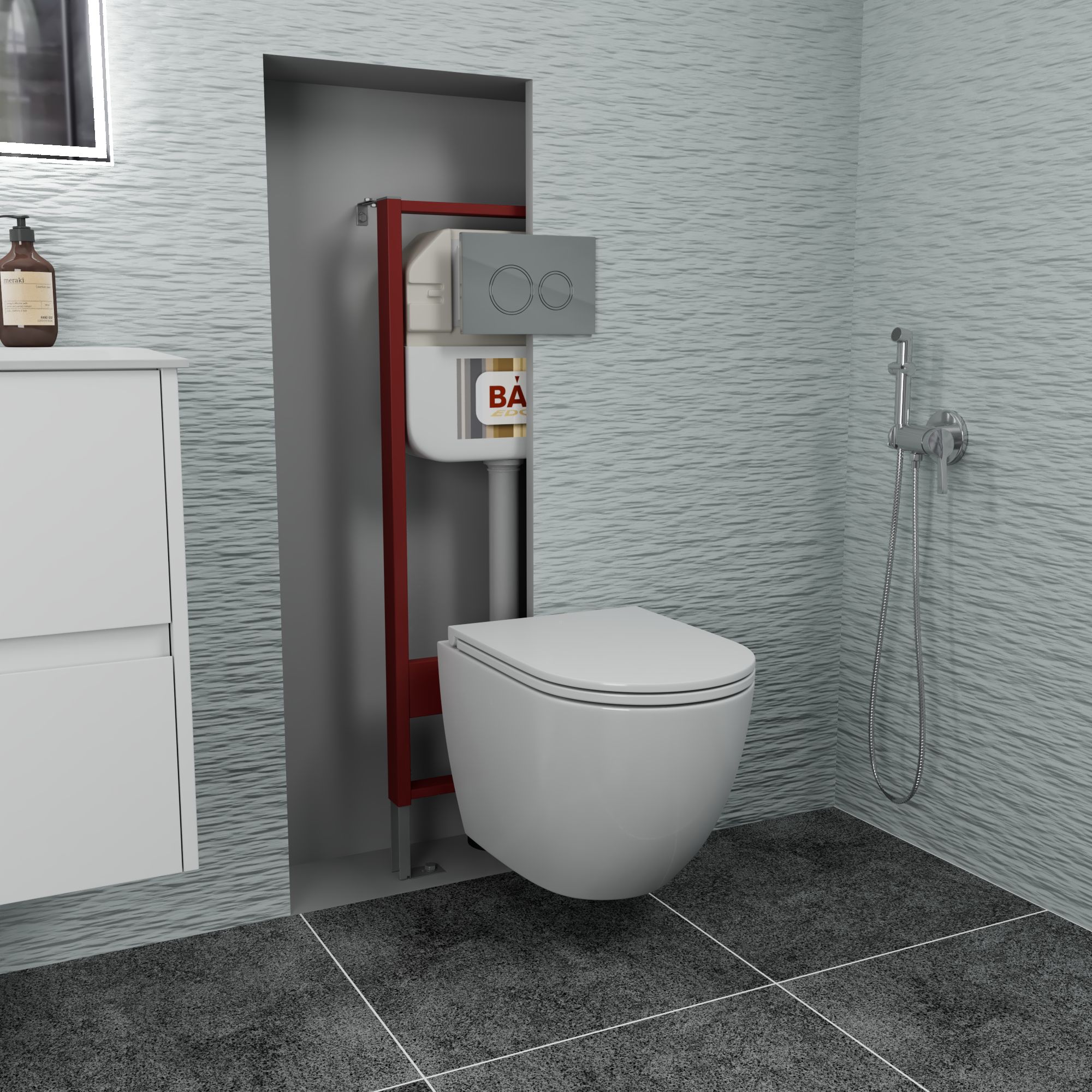 Комплект BAU 6 в 1: рамная инсталляция BAU NEO 45, унитаз подвесной безободковый, со смывом торнадо Grossman Hurricane 3, сиденье дюропласт микролифт, круглая хромированная клавиша Aquanika