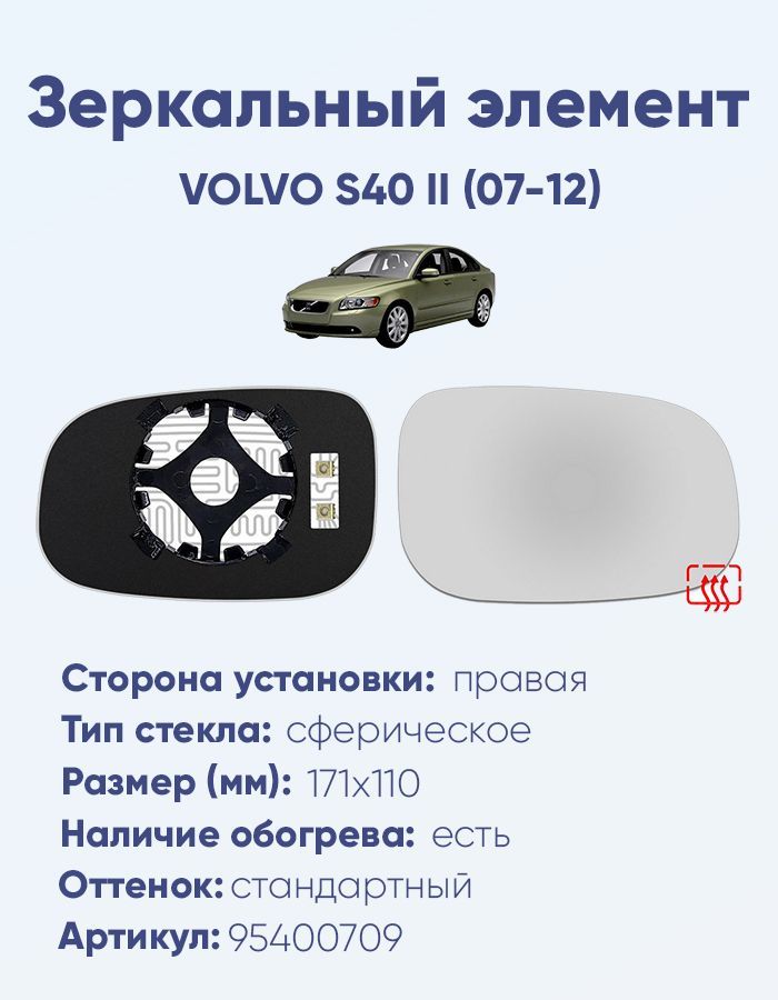 Зеркальный элемент правый VOLVO S40 II (07-12) сфера нейтральный с обогревом