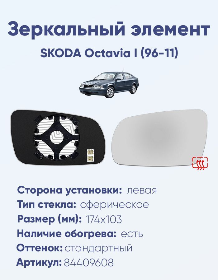 Зеркальный элемент левый SKODA Octavia I (96-11) сфера нейтральный с обогревом