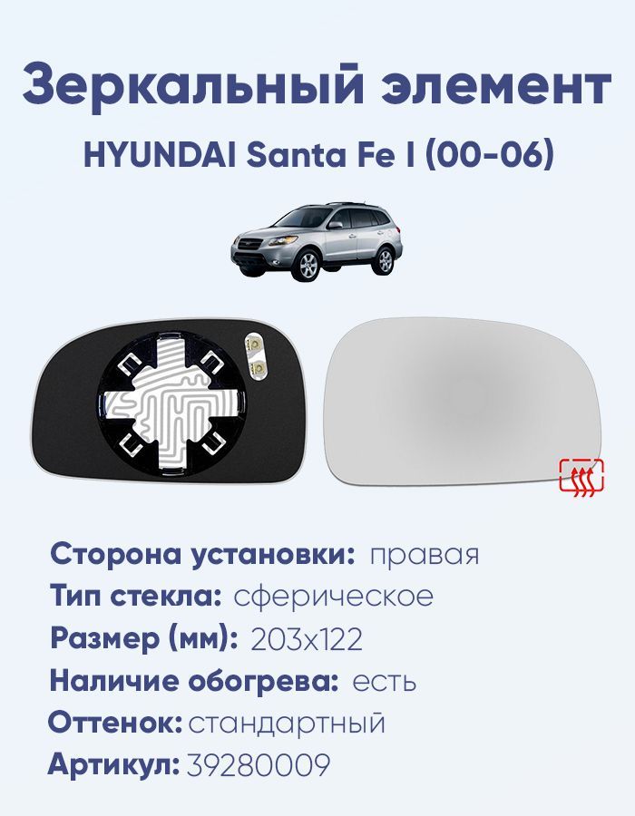 Зеркальный элемент правый HYUNDAI Santa Fe I (00-06) сфера нейтральный с обогревом