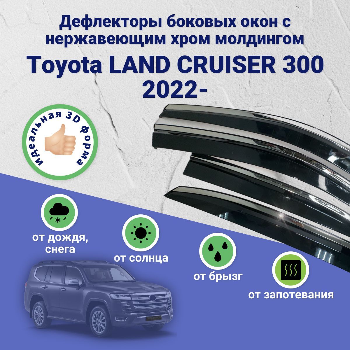 Дефлекторы окон Toyota LAND CRUISER 300(Тойота Лэнд Крузер 300) 2022-н.в, ветровики с хром молдингом