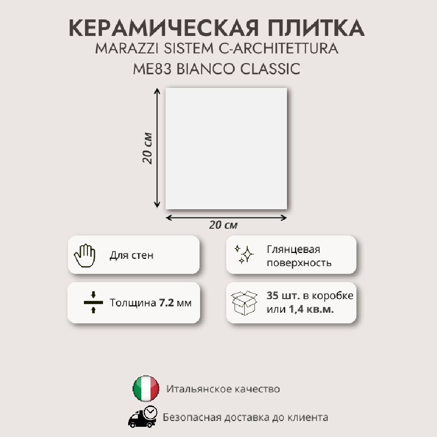 Керамическая плитка MARAZZI SISTEM C-ARCHITETTURA ME83 Bianco 20x20, 1.4 кв.м (35 шт в упак)