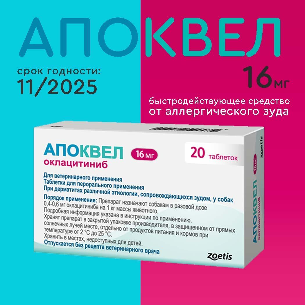 Апоквел 16мг, таблетки для собак от аллергии ,1 упаковка (11.2025)