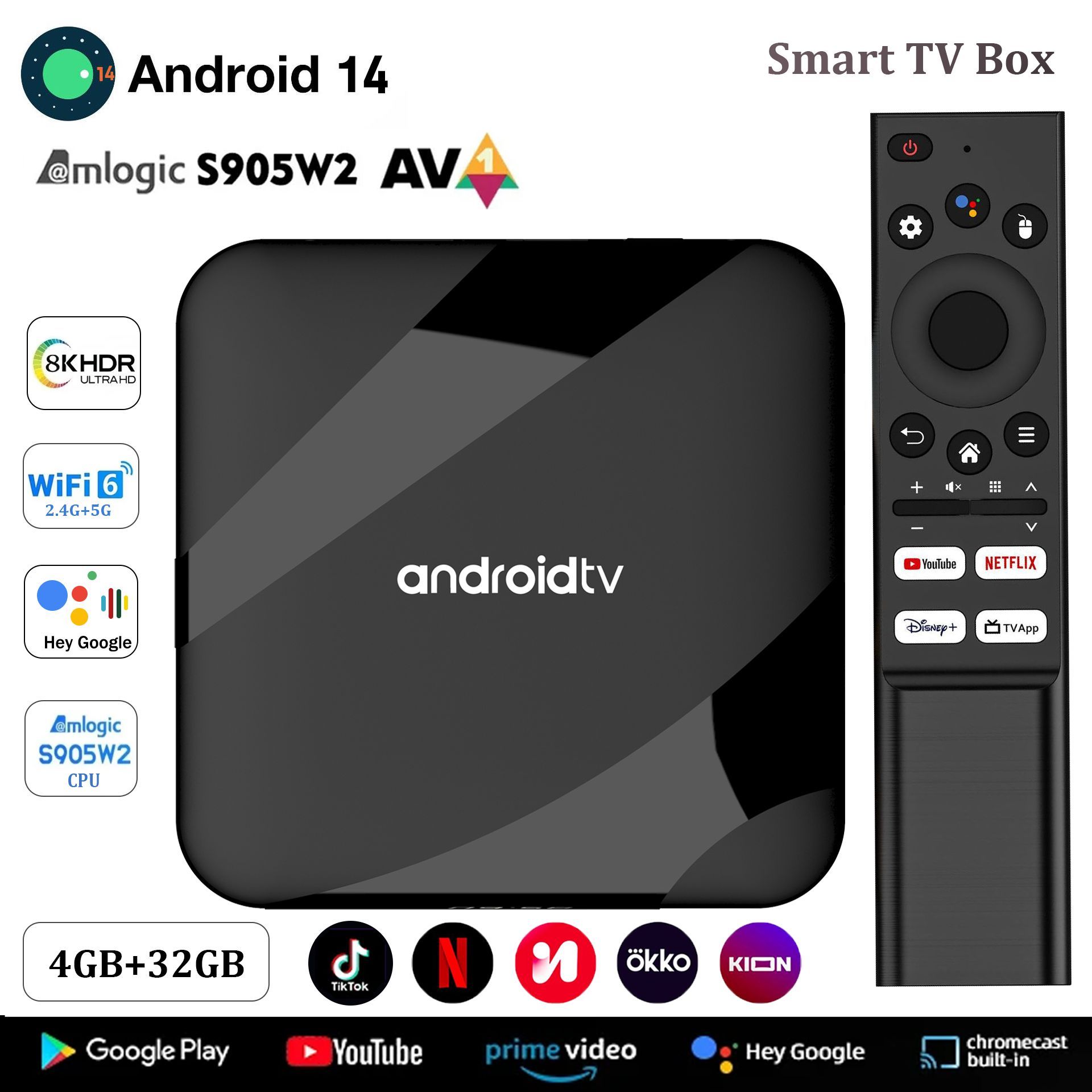 СмартТВПриставкаTV98-ATV-W2(4GB+32GB),AmlogicS905W2,Андроид14.2.4G+5GWIFI/Bluetooth5.0/4K2K