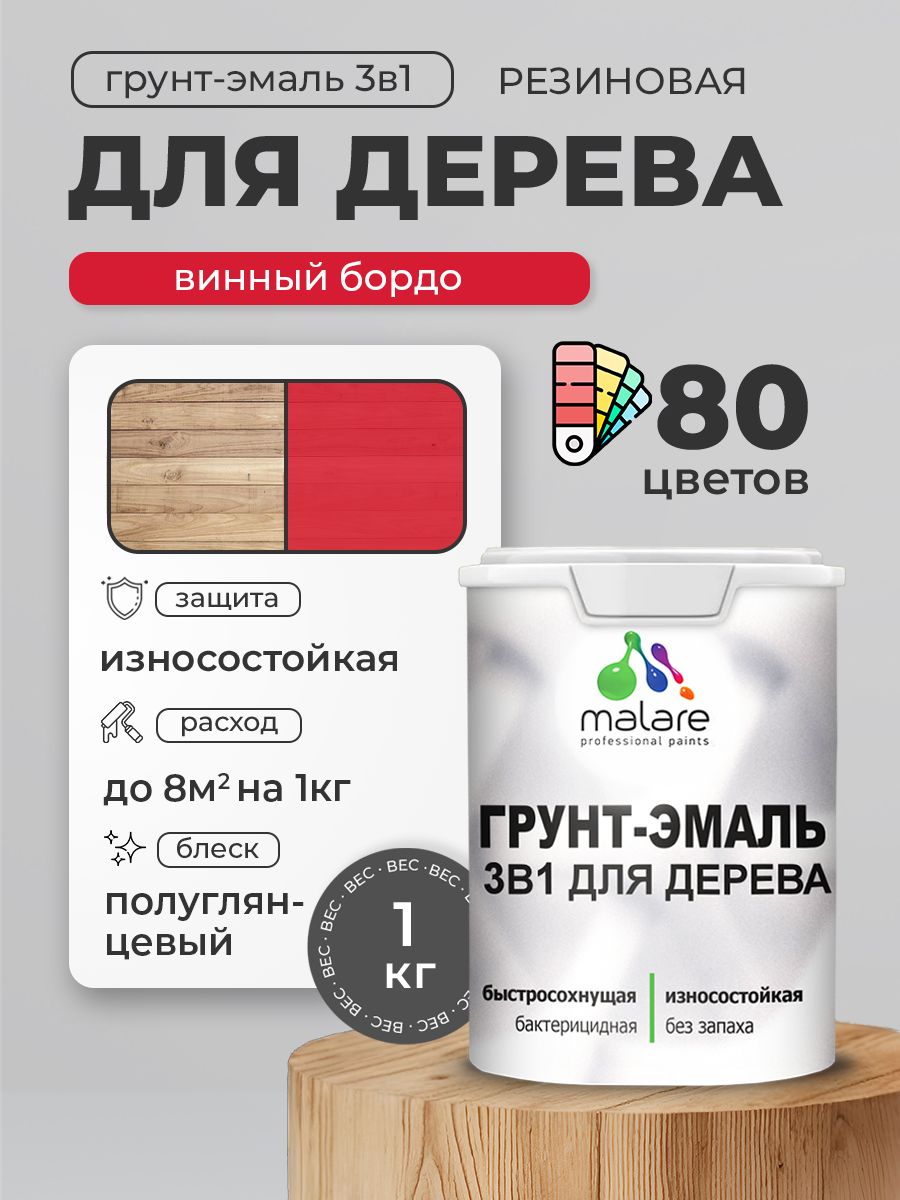 Латексная Грунт-Эмаль 3 в 1 Malare для деревянных поверхностей с антисептическим эффектом, быстросохнущая моющаяся без запаха полуглянцевая, винный бордо, 1 кг
